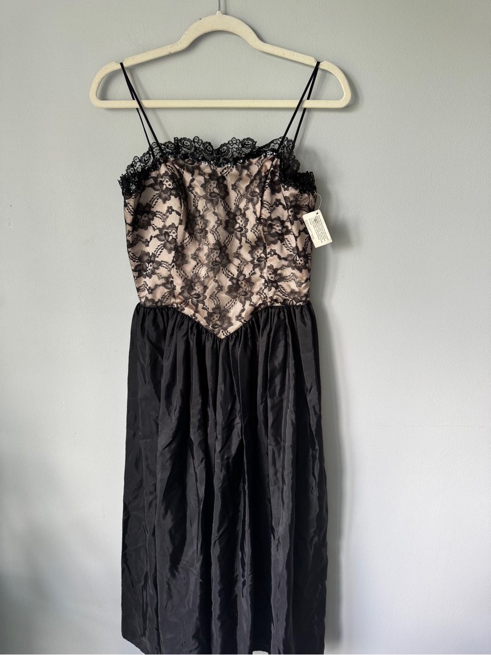 Black Lace-Overlay Midi Dress with Nude Lining